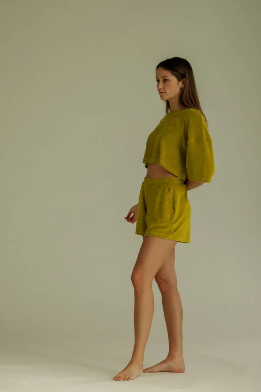 Fashion Karo Kauer Frottee Shorts Olive